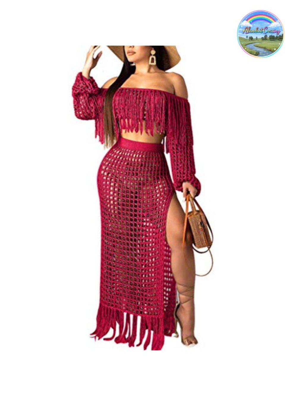 Crochet 2 Piece Set Off Shoulder Top Fringe Maxi Skirt Cover-Up